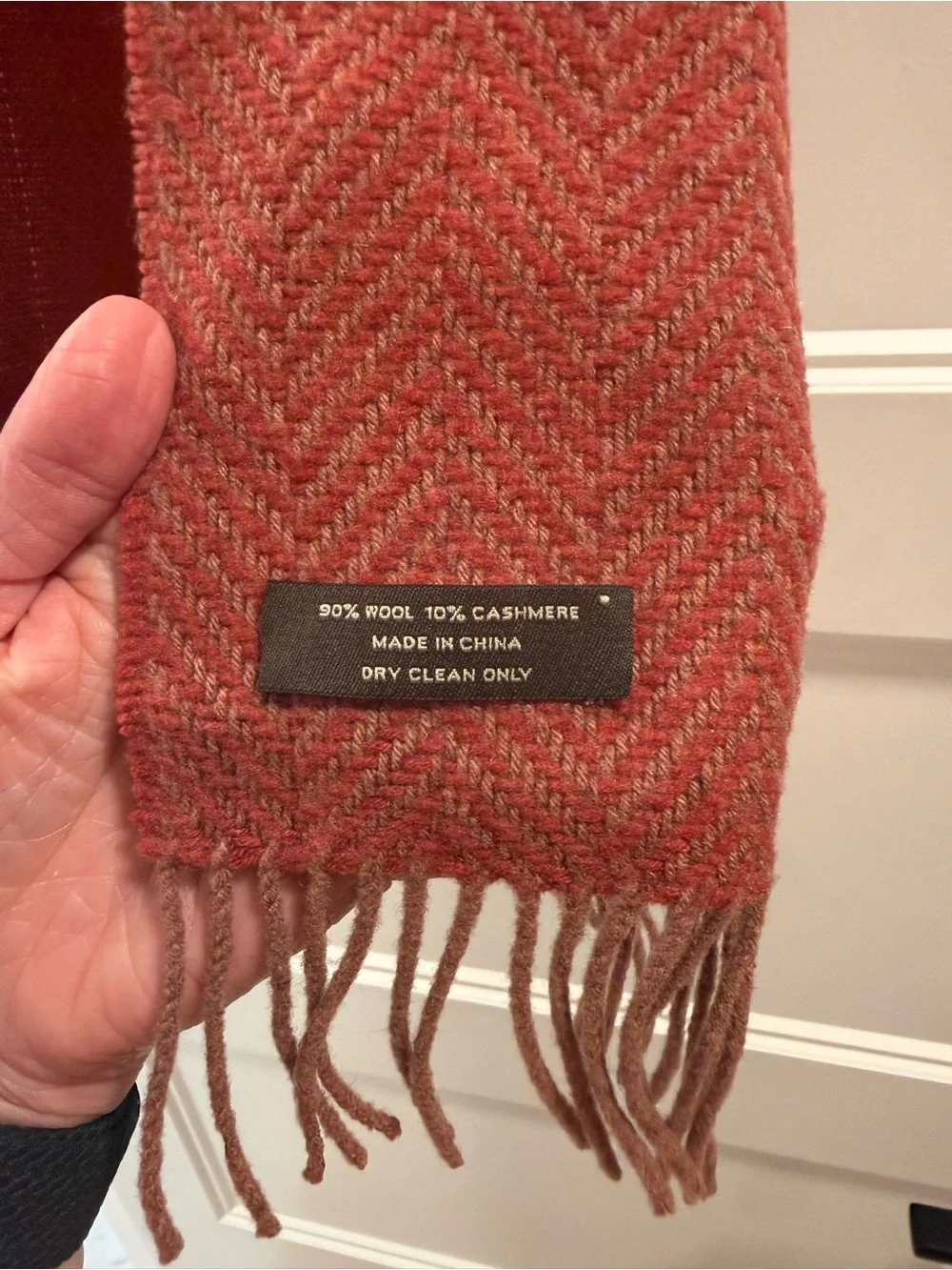 Coach Rust-Pink Herringbone Scarf with Fringe
